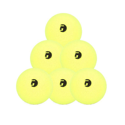 Stack of yellow tennis balls with a brand logo on a white background