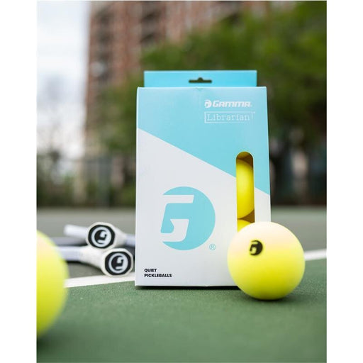 Garmin pickleball set with two balls and packaging on a tennis court