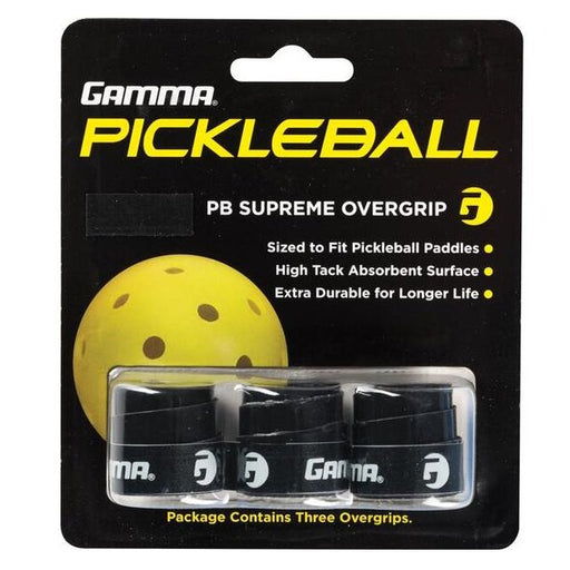 Gamma Pickleball PB Supreme Overgrip packaging with a yellow pickleball and three black overgrips on a white background.