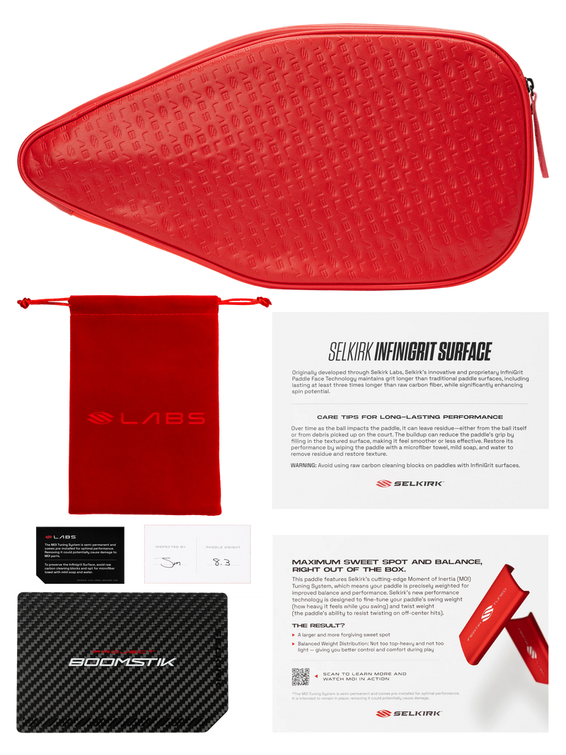 Red paddle case with a drawstring bag, carbon fiber sheet, and SELKIRK documentation on a white background.
