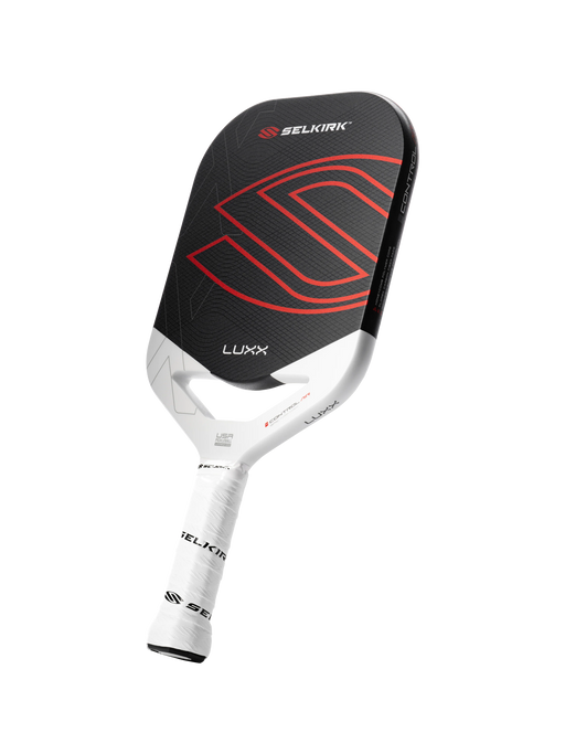 Pickleball paddle with black and red design on a white background