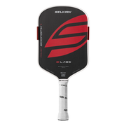 Black and red pickleball paddle with visible branding on a white background