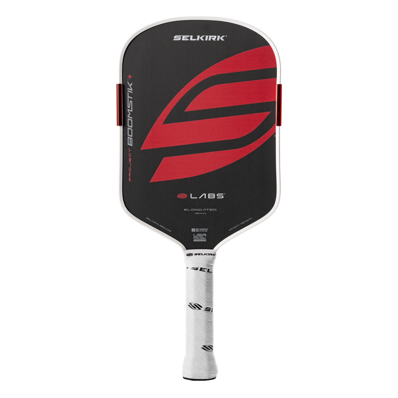 Black and red pickleball paddle with visible branding on a white background