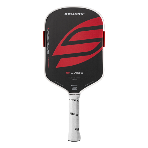 Black and red pickleball paddle with visible branding on a white background
