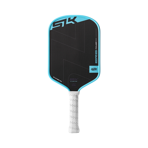 Pickleball paddle with black and blue design on a white background