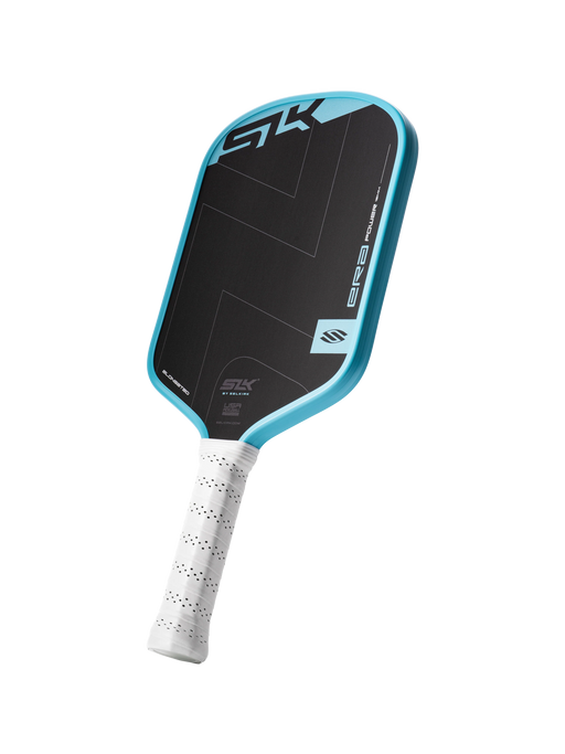 Pickleball paddle with blue and black design on a white background