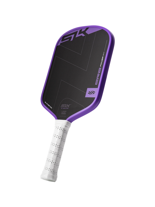Purple and black pickleball paddle with white handle on a white background
