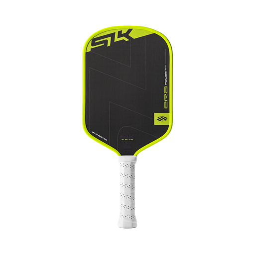 Pickleball paddle with black and green design on a white background