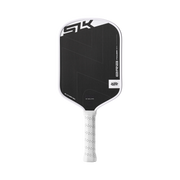 Black and white pickleball paddle with branding on a white background
