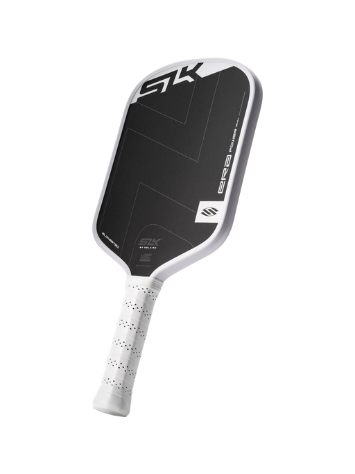 Pickleball paddle with black and white design on a white background