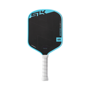 Pickleball paddle with black face and blue edges on a white background