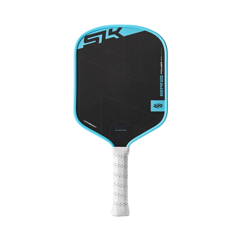 Pickleball paddle with black face and blue edges on a white background
