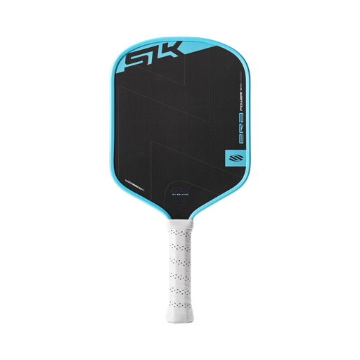 Pickleball paddle with black face and blue edges on a white background
