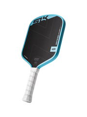 Pickleball paddle with black face and blue border on a white background