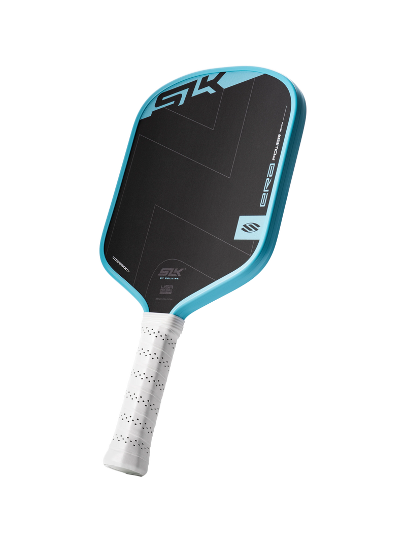 Pickleball paddle with black face and blue border on a white background