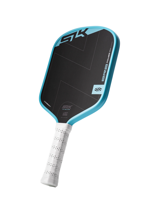 Pickleball paddle with black face and blue border on a white background