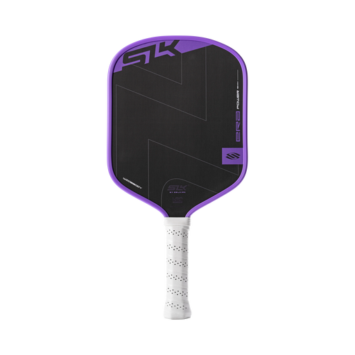 Purple and black pickleball paddle with white handle on a white background