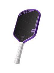 Pickleball paddle with black face and purple rim on a white background