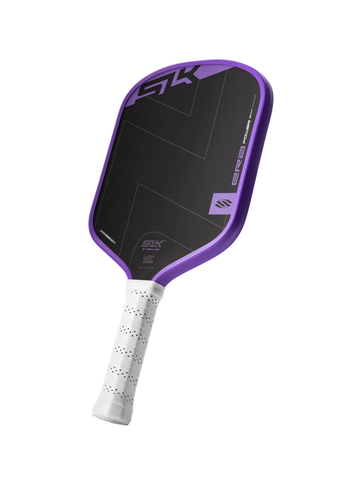 Pickleball paddle with black face and purple rim on a white background