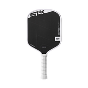 Black pickleball paddle with white handle on a white background