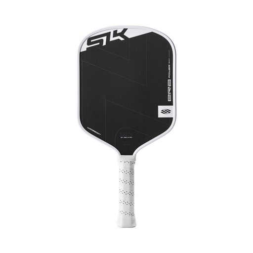Black pickleball paddle with white handle on a white background