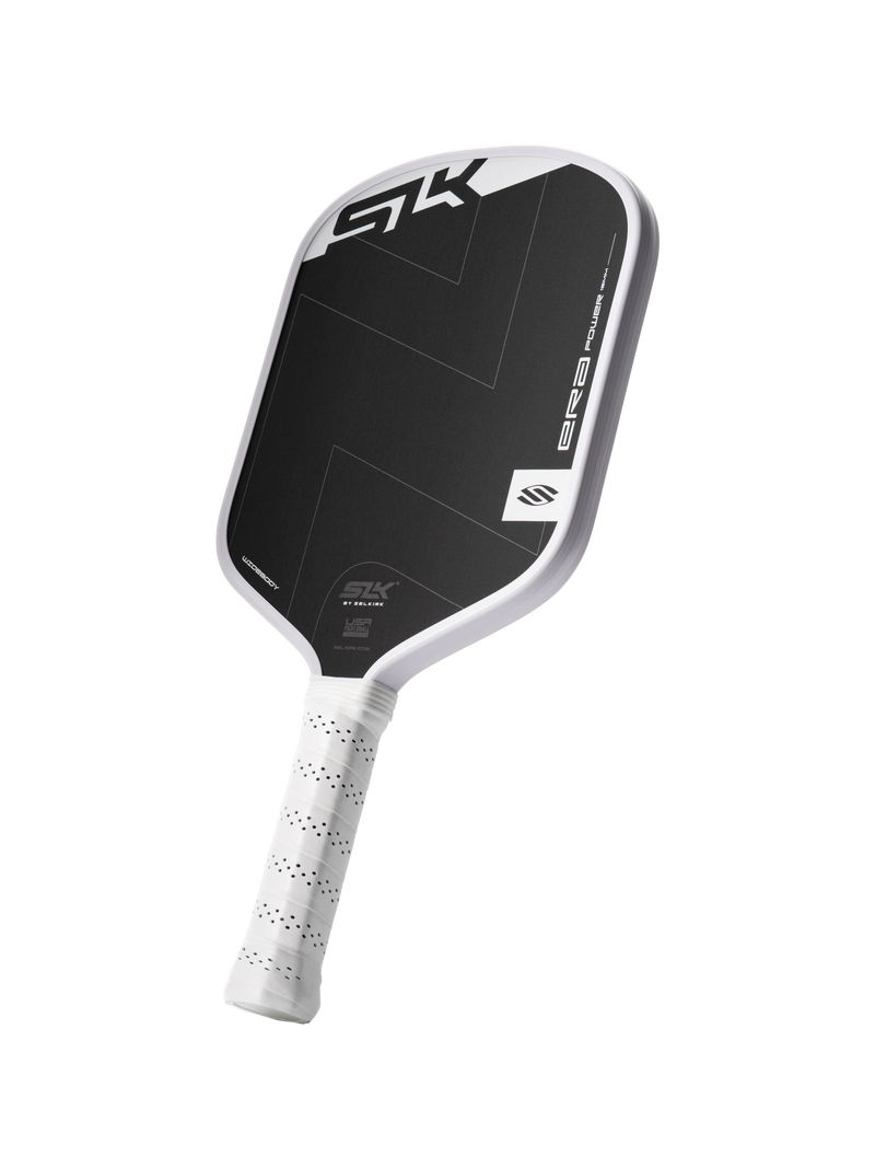 Pickleball paddle with black and white design on a white background