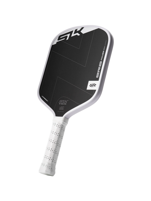 Pickleball paddle with black and white design on a white background