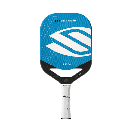 Blue and black pickleball paddle with Selkirk branding on a white background