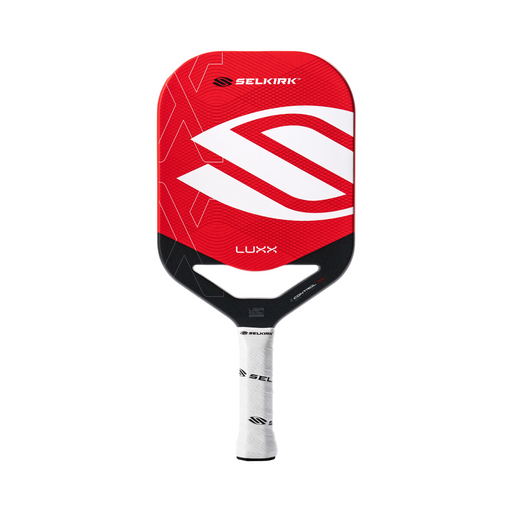 Red and black pickleball paddle with Selkirk branding on a white background