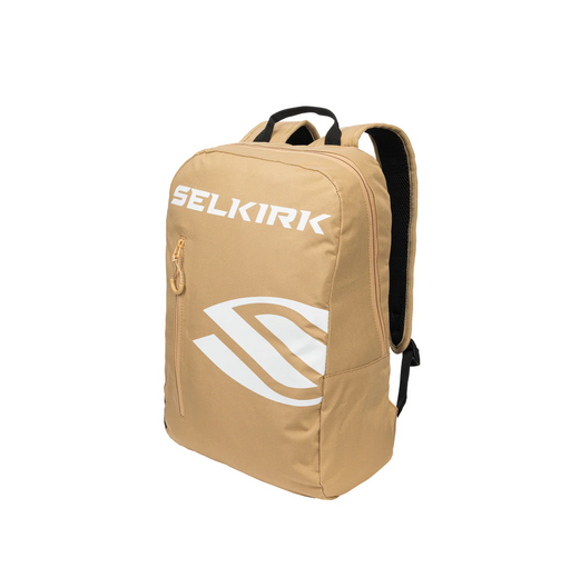 Beige backpack with 'Selkirk' logo on a white background