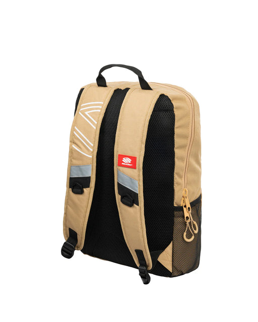 Beige and black backpack with a visible brand logo on a white background