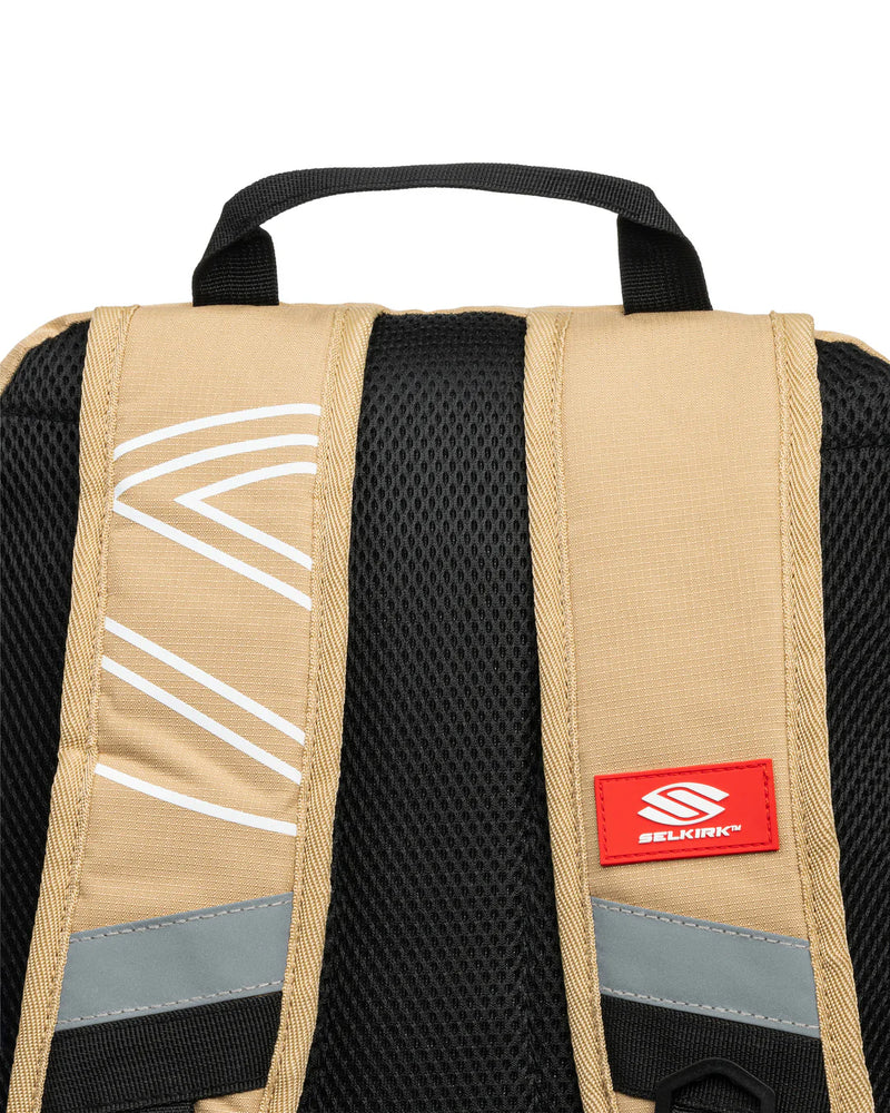 Backpack with a visible Selkirk logo on a white background