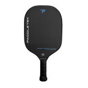 Black pickleball paddle with branding on a white background