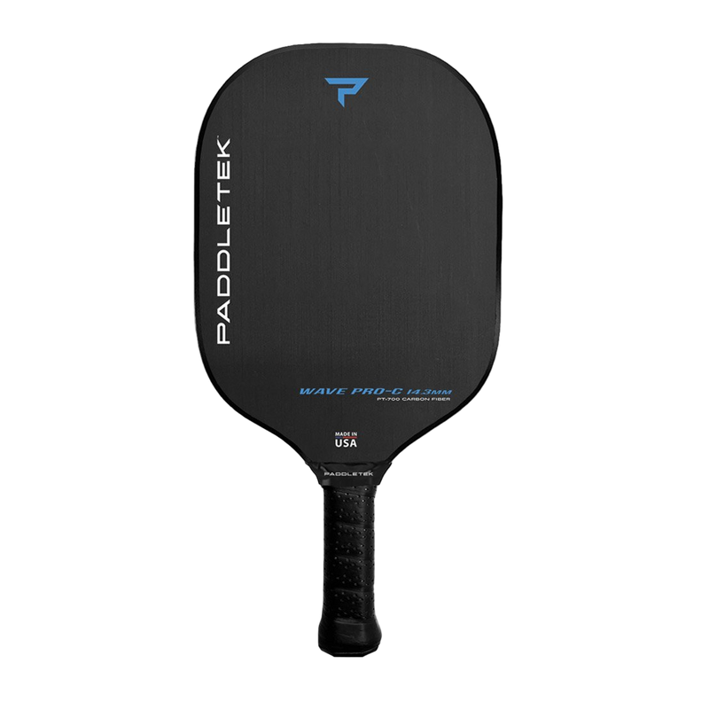 Black pickleball paddle with branding on a white background