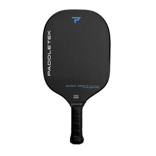 Black pickleball paddle with branding on a white background
