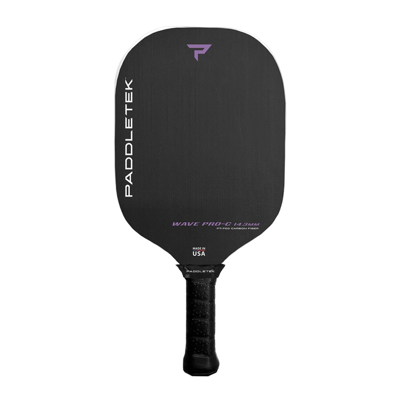 Black pickleball paddle with Paddletek branding on a white background