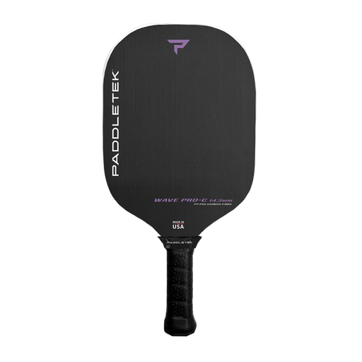 Black pickleball paddle with Paddletek branding on a white background