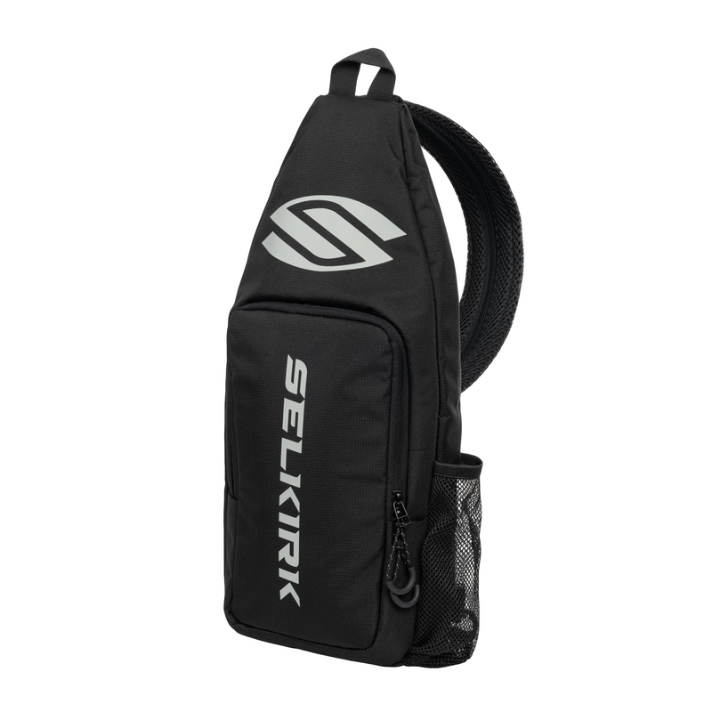 Black sling bag with Selkirk logo on a white background