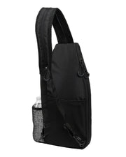 Black sling bag with a water bottle pocket on a white background