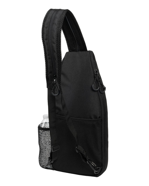Black sling bag with a water bottle pocket on a white background