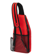 Red backpack with black straps on a white background