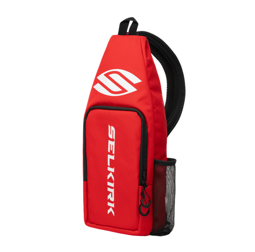 Red sling bag with Selkirk logo on a white background