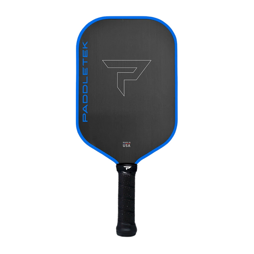Pickleball paddle with blue rim and black handle on a white background