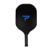 Black pickleball paddle with a blue logo on a white background
