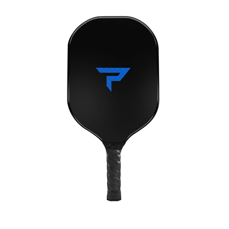 Black pickleball paddle with a blue logo on a white background