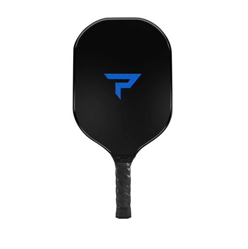 Black pickleball paddle with a blue logo on a white background