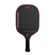 Black pickleball paddle with red accents and Paddletek branding on a white background