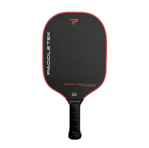 Black pickleball paddle with red accents and Paddletek branding on a white background