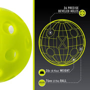 Yellow lacrosse ball with technical diagram on a black background