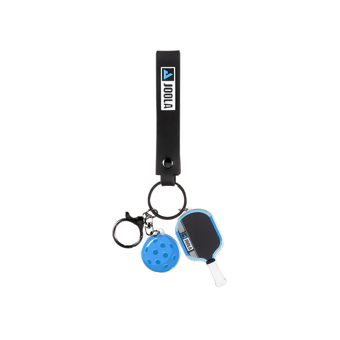 Keychain with pickleball paddle and ball charms on a white background